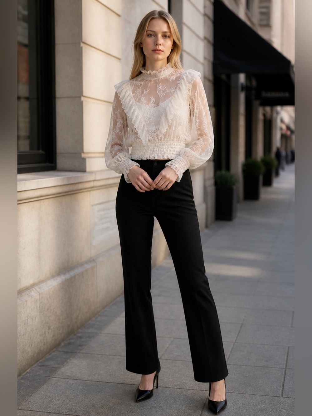 Pinko Cream Sheer Lace Ruffle Crop Blouse